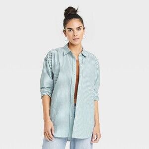 Oversized Fit Long Sleeve Collared Button-Down Shirt Green Striped M